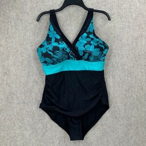 Bloomchic One Piece Swimsuit 14-16 Black Turquoise Hawaiian Tropical Floral